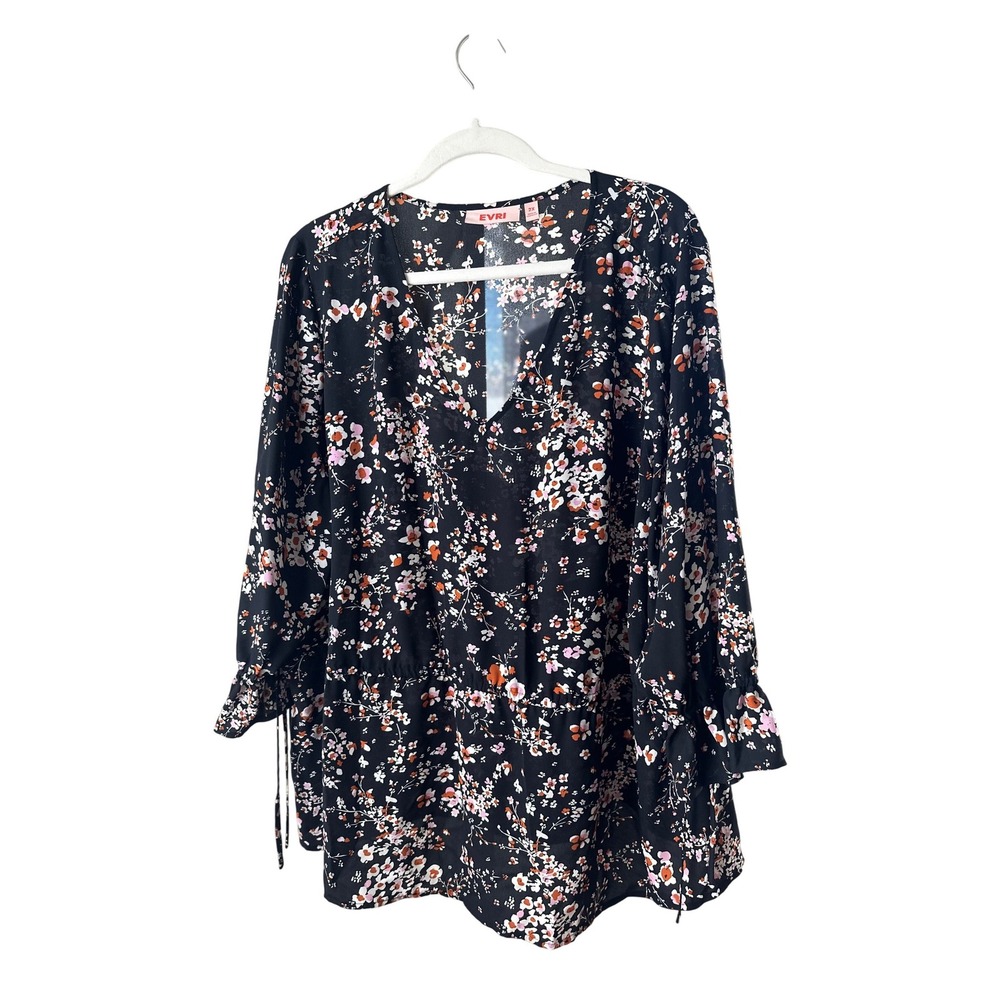 EVRI Womens 2X Floral V-Neck Blouse Black Pink 3/4 Sleeve Ruffle Tie Cuff Top